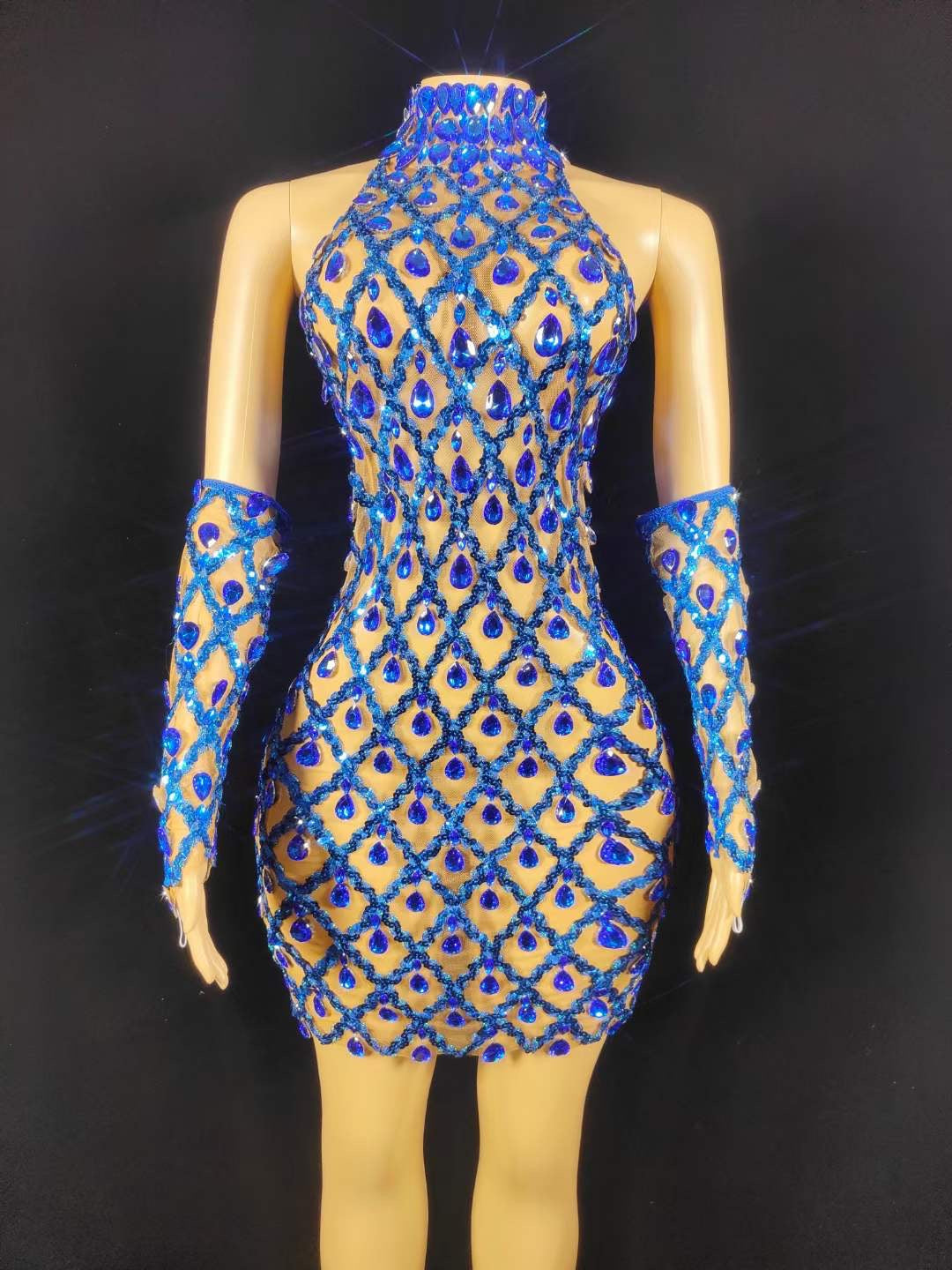 Neil Toni Short Dress Blue Gloves Included Lycra Non See-through Delayed 5 Days