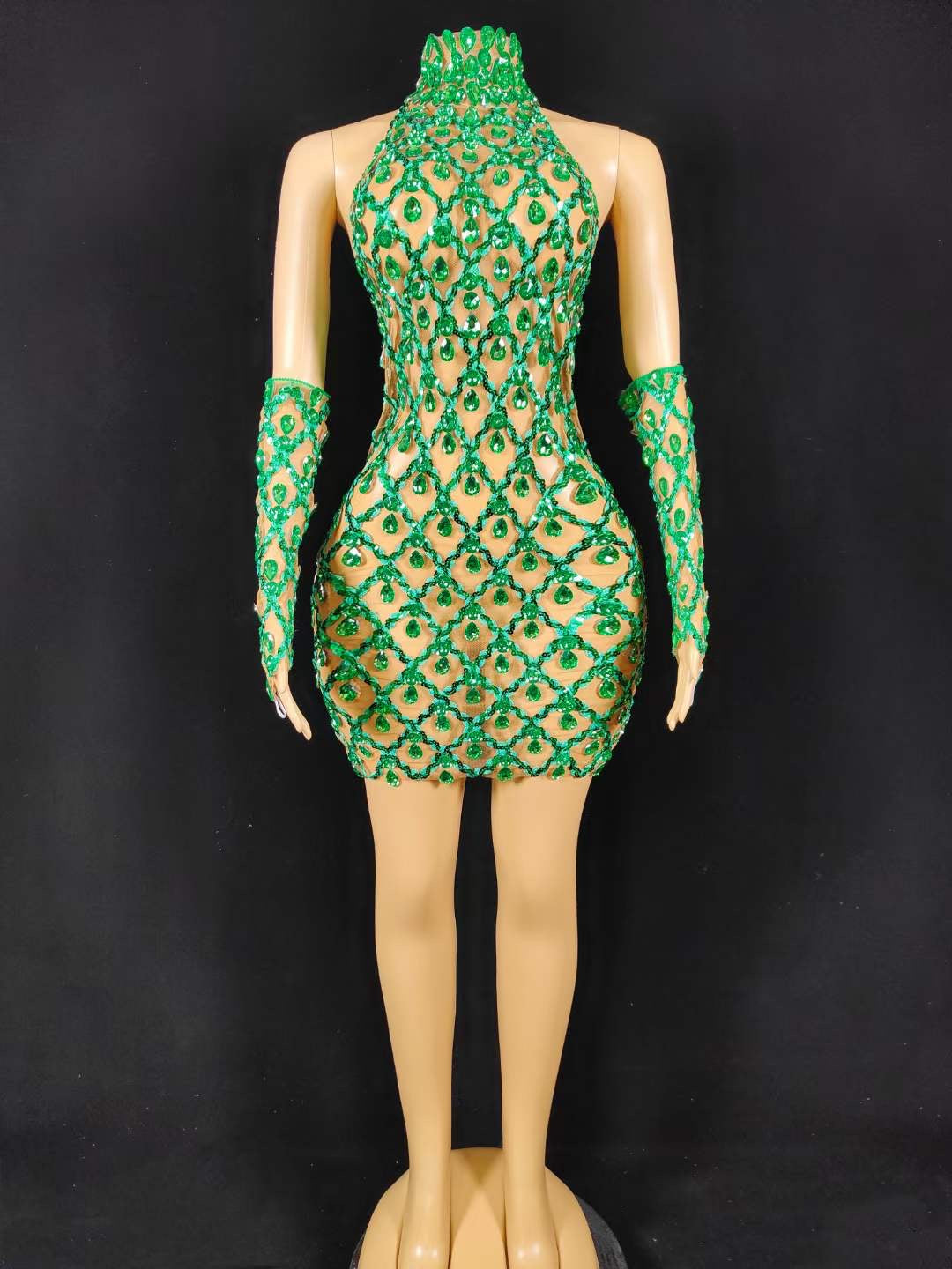Neil Toni Short Dress Green Gloves Included Lycra Non See-through Delayed 5 Days