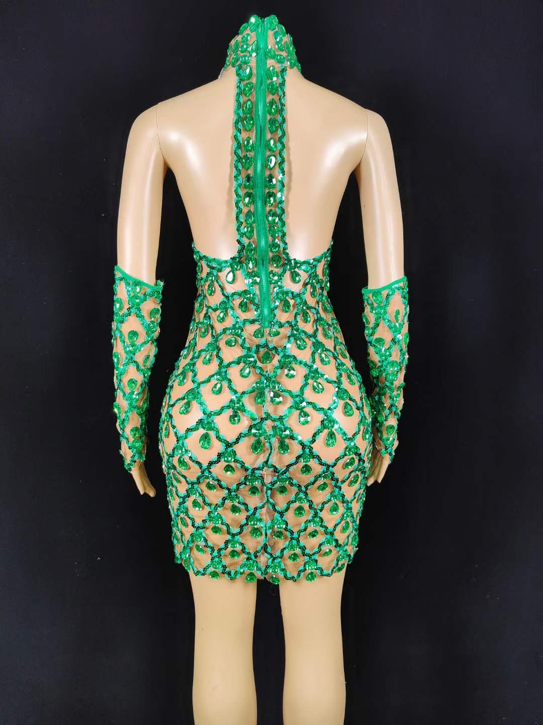 Neil Toni Short Dress Green Gloves Included Lycra Non See-through Delayed 5 Days
