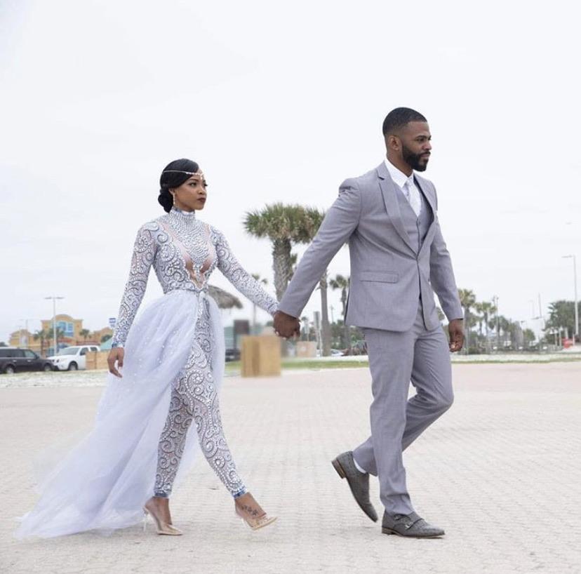 Angel CRYSTALS bodysuit with detachable train White