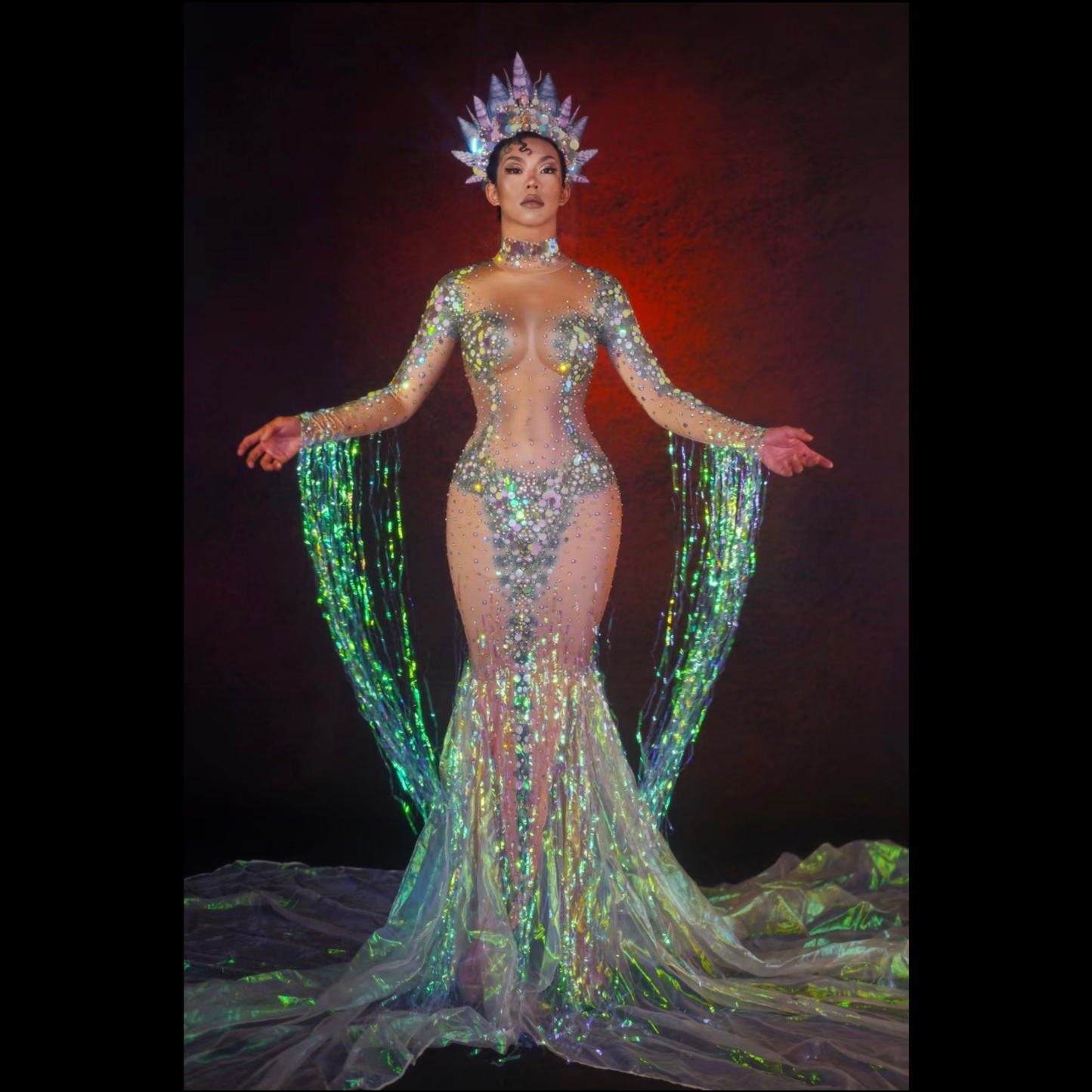 Goddess Kimico Headpiece Crown Rainbow Green Ship Same Day