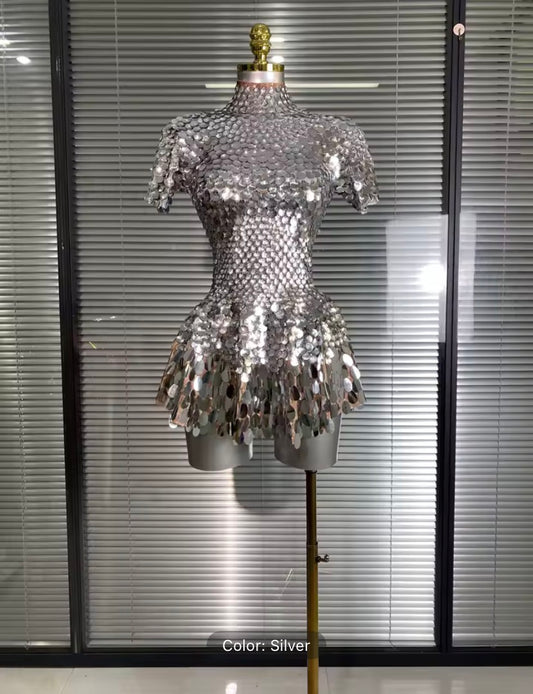 Disco sea shell leotard dress Silver