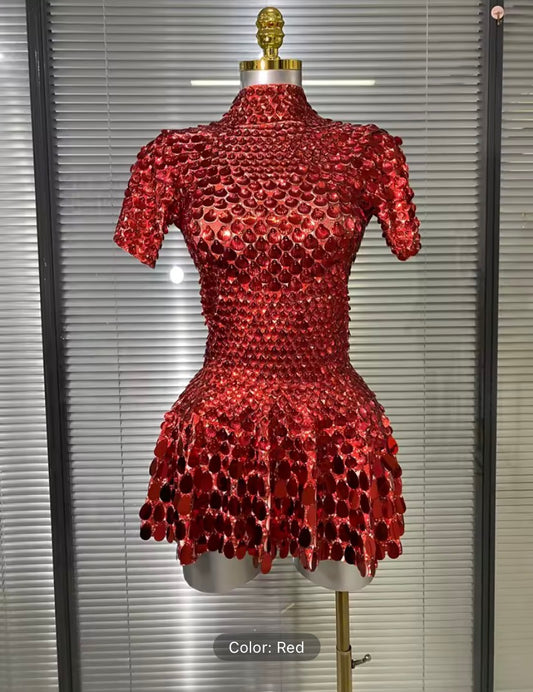 Disco sea shell leotard dress Red