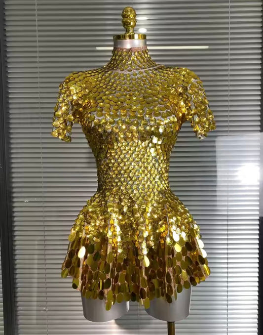 Disco sea shell leotard dress Gold