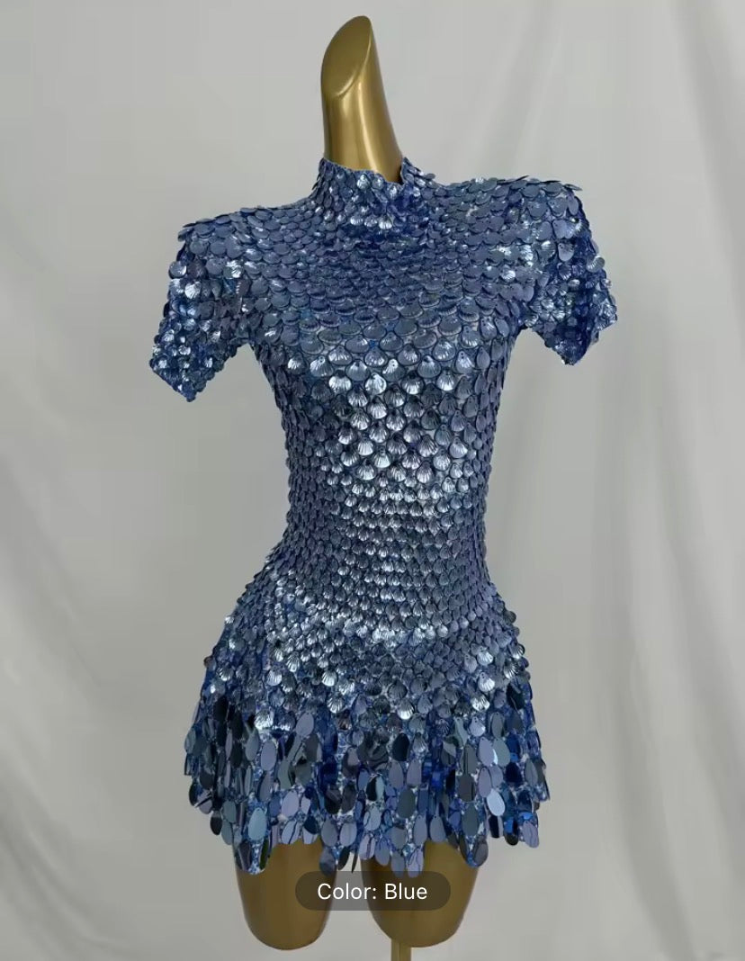 Disco sea shell leotard dress Blue