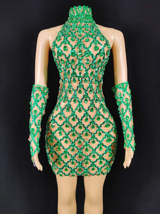 Neil Toni Short Dress Green Gloves Included  Lycra Non See-through Delayed 5 Days