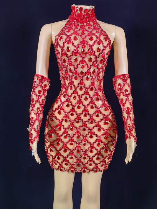 Neil Toni Short Dress Red Gloves Included Lycra Non See-through Delayed 5 Days