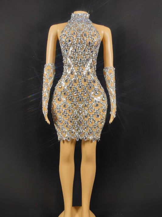 Neil Toni Short Dress Silver Gloves Included